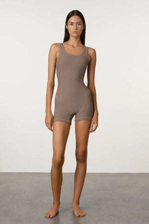 WAFFLE PANELLED BODYSUIT - CAROB